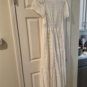 Anthropologie White Eyelet Maxi Dress. Lined on bottom, thick material